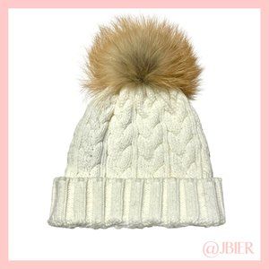 Adrienne Landau Cable Knit Beanie with Fox Fur Pom in Cream